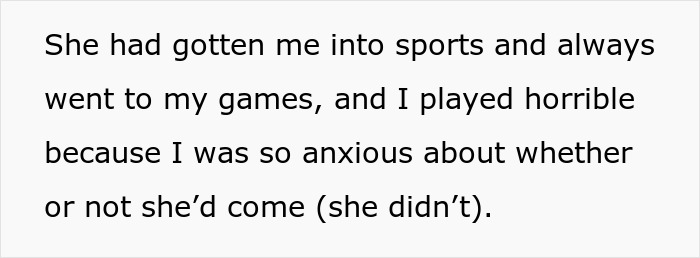 Text describing a daughter anxious about her mom not attending her sports games after a divorce blaming her for picking dad.