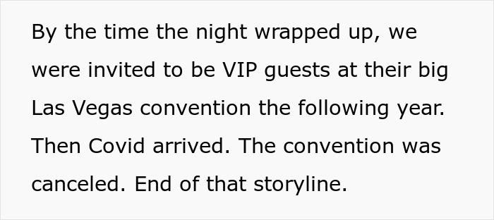 Text excerpt about a restaurant inviting VIP guests after a snarky letter, leading to a pitch and patent opportunity.