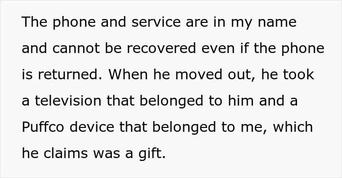 Text excerpt about phone, television, and Puffco device ownership dispute after moving out. Text excerpt about phone, television, and Puffco device ownership dispute after moving out.