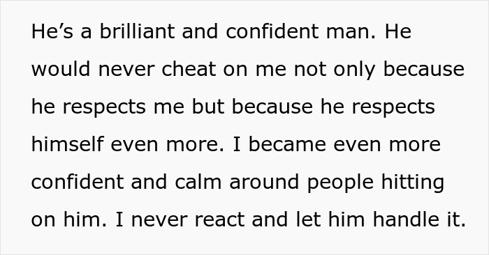 Text excerpt showing a woman venting about her husband leaving her due to trust and lack of jealousy in their relationship.