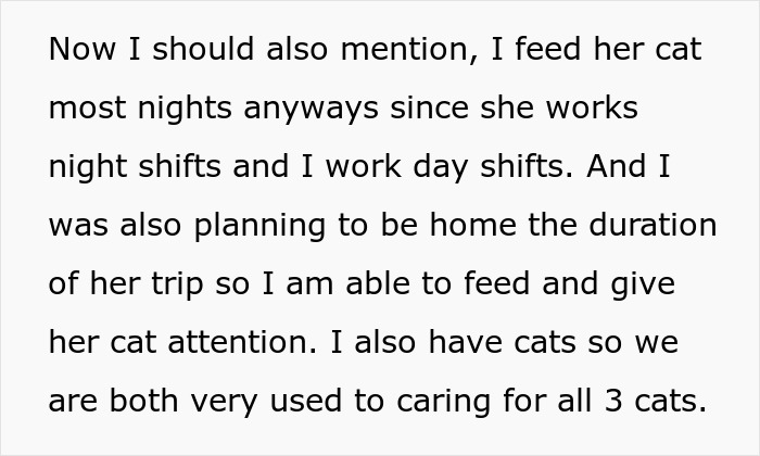 Text discussing caring for cats during a roommate boyfriend vacation drama while managing night and day work shifts.