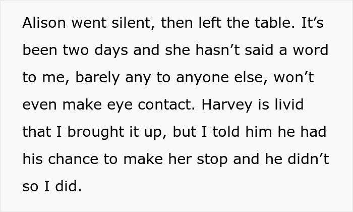Text excerpt showing a lady silent and avoiding eye contact after insulting SIL&rsquo;s hubby and calling out partner&rsquo;s indiscretions.