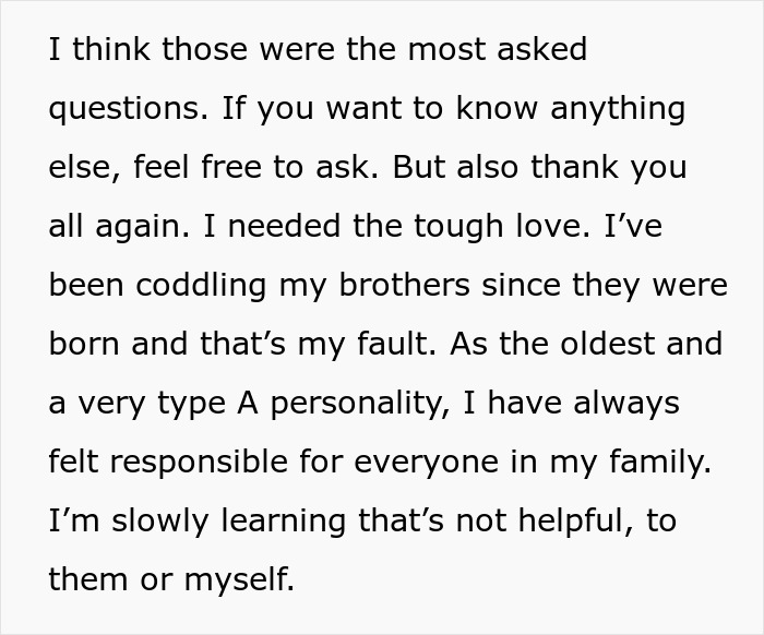 Text about siblings and family dynamics, highlighting bros too broke to pitch in for mom&rsquo;s birthday gift conflict.