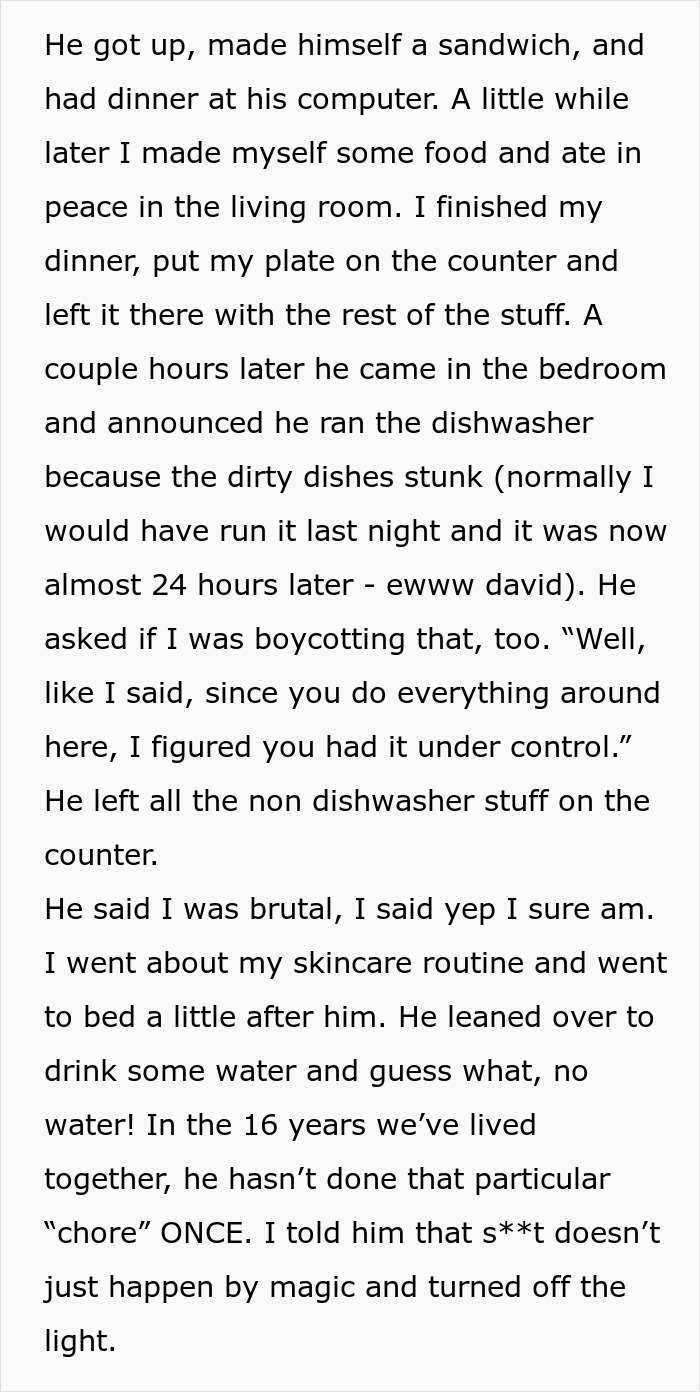 Text excerpt showing wife deciding to live life exactly like her husband, causing tension and frustration about chores.