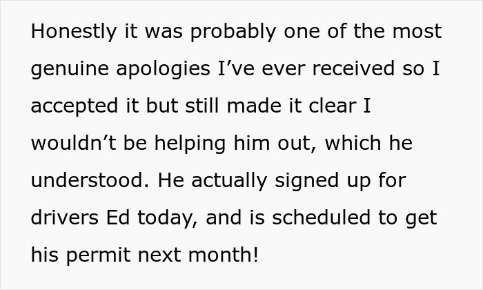 Text showing an apology accepted but refusal to drive ungrateful brother who trashed sister&rsquo;s girly car without a license.