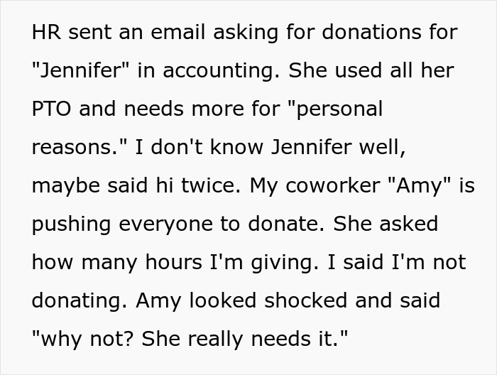 Email from HR asking for PTO donations while coworkers pressure a man who refuses to donate his PTO days.
