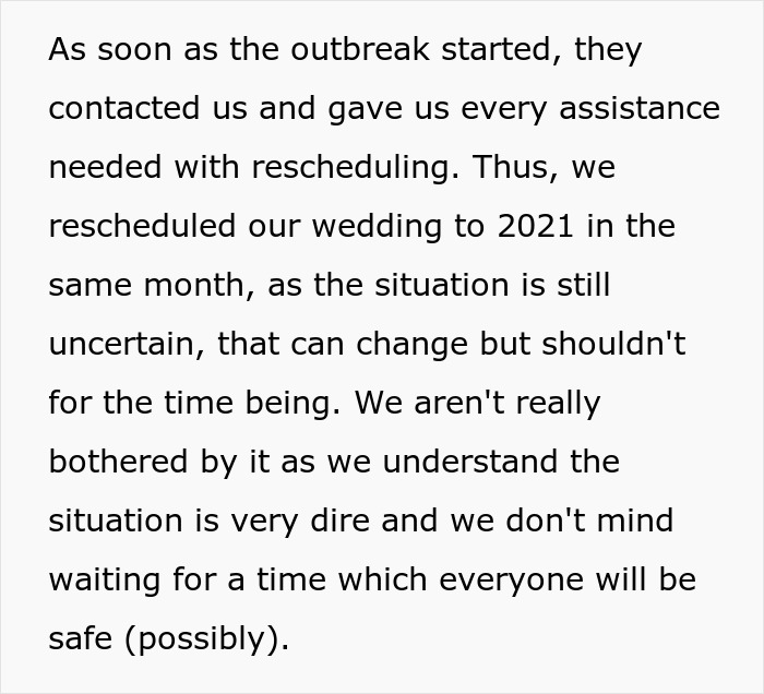 Text excerpt discussing a couple rescheduling their wedding due to an outbreak and family pressure on having kids.