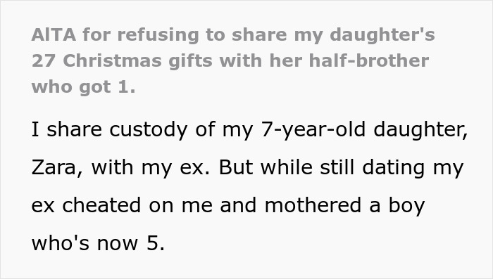 Text discussing a dad sharing custody of daughter who got 27 Christmas presents, while half-brother received only one gift. Text discussing a dad sharing custody of daughter who got 27 Christmas presents, while half-brother received only one gift.
