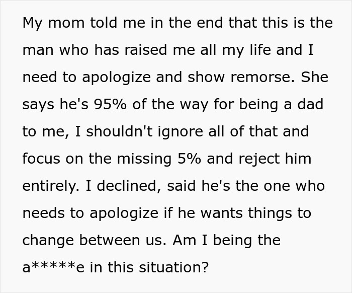 Text discussing a teen confronting his stepdad for ignoring him while his mom says stepdad is 95% like a dad.