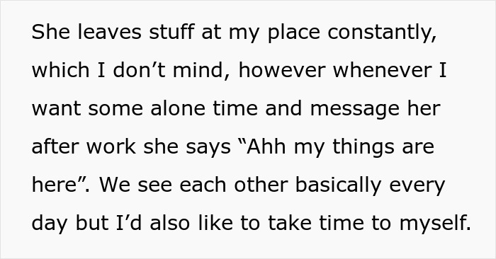 Text excerpt showing a man feeling creeped out after his girlfriend uses a hidden key to enter his home, claiming emergency.