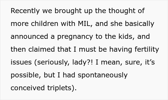 Text discussing a MIL telling kids about pregnancy while hinting at fertility issues and family dynamics after parents passed away.