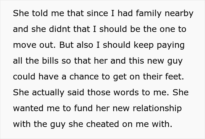 Text excerpt about an unemployed woman asking her ex to fund her life after cheating on him with a jobless man.