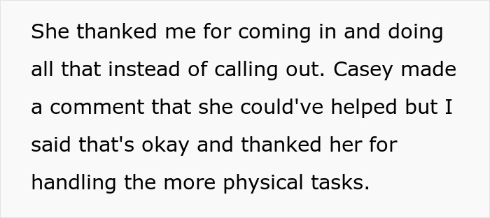 Text excerpt discussing a woman thanking coworker for handling physical tasks after coming to work, related to disabled coworker.
