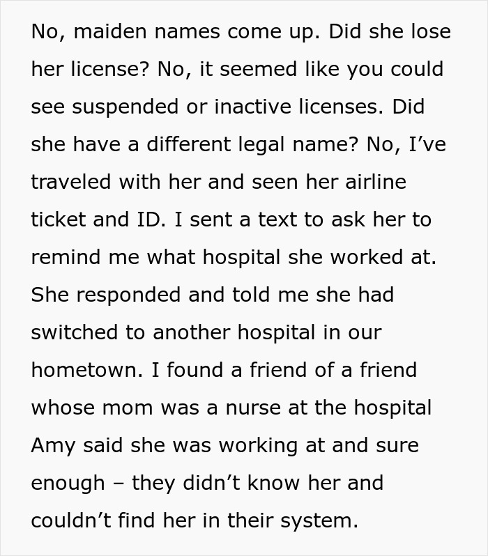 Text excerpt describing a woman whose career was questioned after years of fabricated stories about her nursing job.