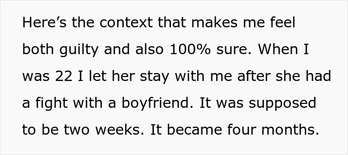 Text excerpt showing a son feeling guilt and uncertainty after letting his religious mom stay during a personal crisis.