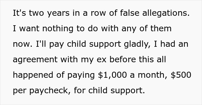 Text on a screen about a dad describing false allegations and agreeing to pay $1,000 monthly child support.