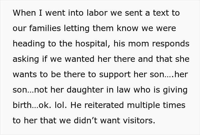 Text message about labor and hospital visit where mother-in-law insists on supporting her son, mistreating daughter-in-law. Text message about labor and hospital visit where mother-in-law insists on supporting her son, mistreating daughter-in-law.