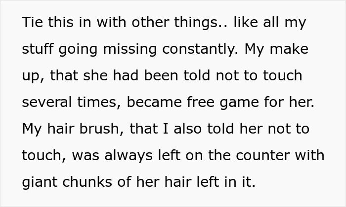 Text showing a woman describing issues with her fianc&eacute;&rsquo;s stepdaughter touching her makeup and hairbrush without permission.