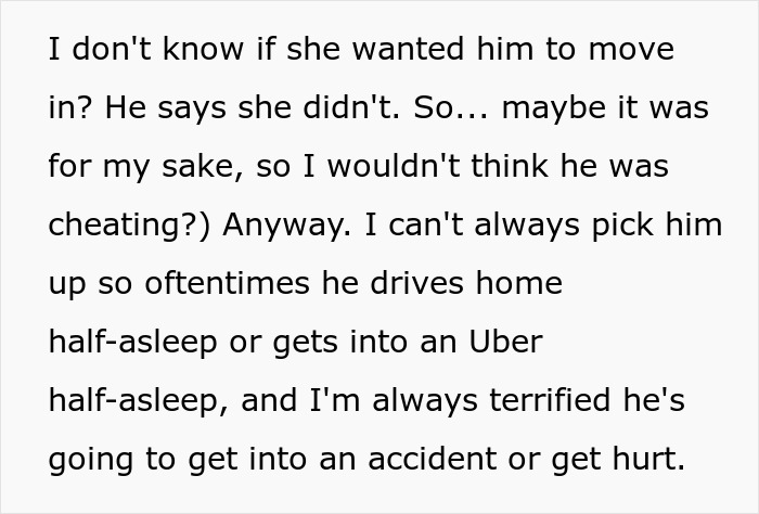 Text discussing concerns about a man driving half-asleep and fears of accidents affecting a pregnant ex and baby care.