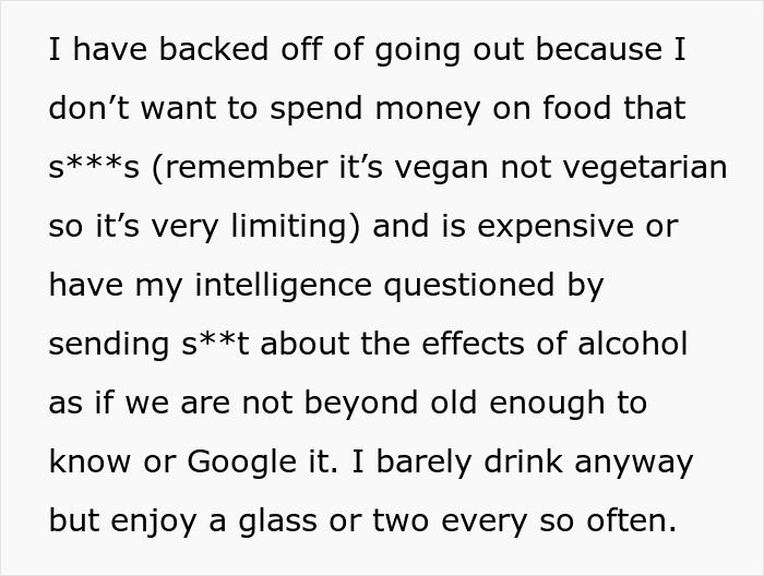 Text discussing backing off on going out due to vegan food limits and avoiding judgment on alcohol effects from MIL Facebook drama.