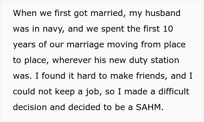 Text excerpt describing a woman reflecting on decades of relocating for her husband&rsquo;s career and choosing to become a stay-at-home mom.