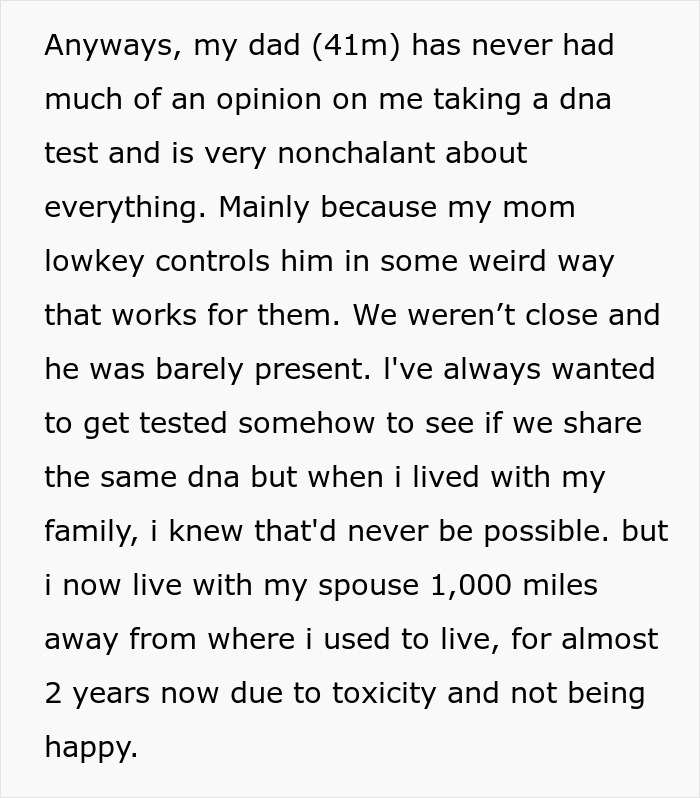 Text discussing a daughter wanting a DNA test despite her mom being strongly against it and controlling family dynamics. Text discussing a daughter wanting a DNA test despite her mom being strongly against it and controlling family dynamics.
