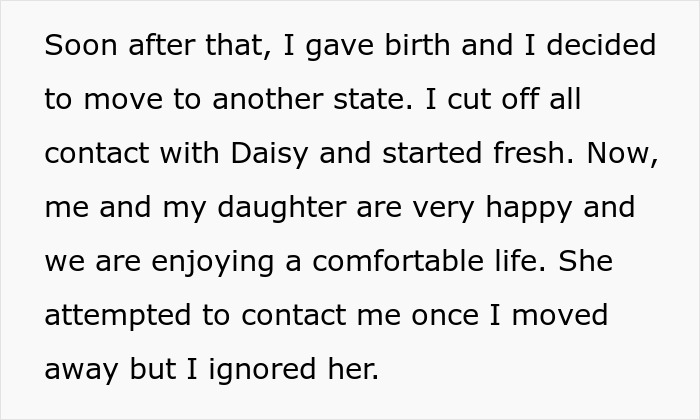 Text excerpt describing a woman moving away and cutting off contact, highlighting SIL turning her back during grief.