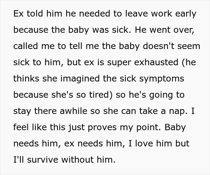 Text excerpt describing a man supporting his pregnant ex by offering to help care for their baby during a difficult time.