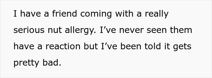 Text discussing a serious nut allergy and concerns about potential reactions at a party.