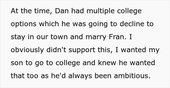 Text passage about a mom urging her son not to marry his girlfriend straight after high school due to college plans. Text passage about a mom urging her son not to marry his girlfriend straight after high school due to college plans.