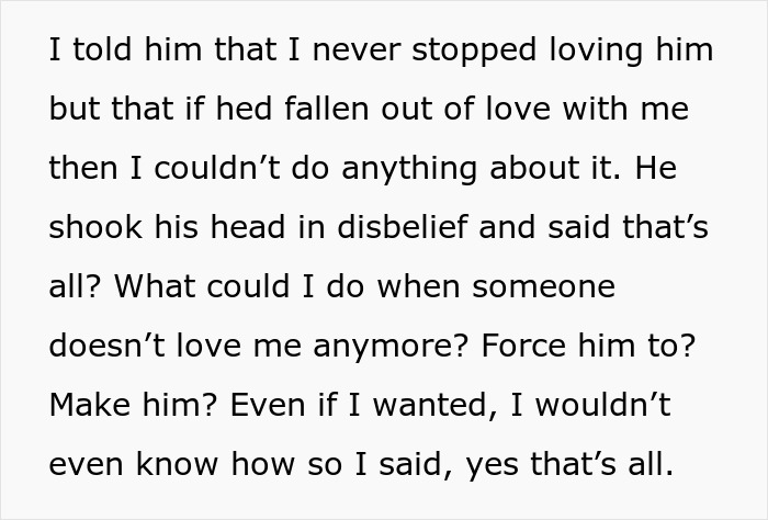 Text excerpt showing a woman venting about her husband leaving her because she trusts him and does not get jealous.