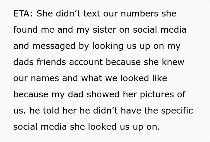 Text explaining how dad&rsquo;s mistress found and messaged his adult daughter on social media, exposing affair details.