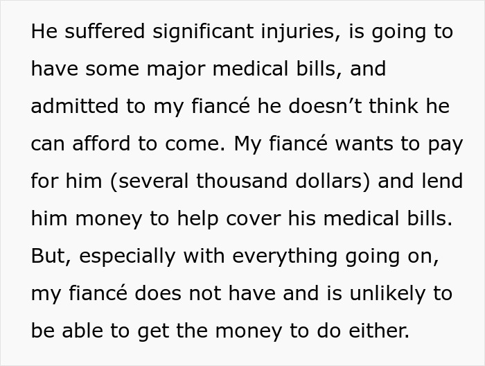 Text discussing fiance struggling with money to cover medical bills and wedding expenses for a friend.