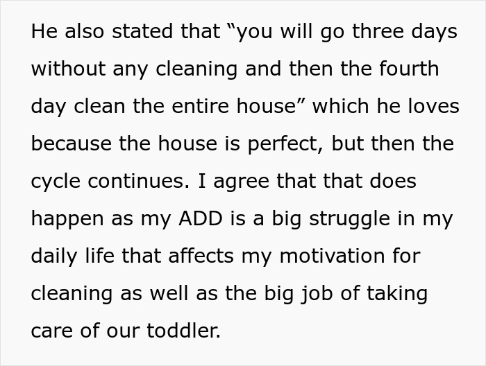 Text excerpt discussing challenges faced by a stay-at-home mom managing cleaning and toddler care with ADD struggles.