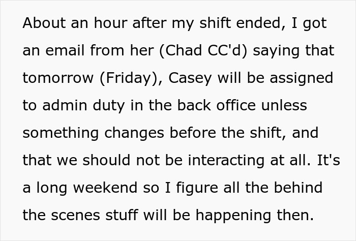 Email screenshot about coworker admin duty assignment, discussing filming coworker to prove disability claim.