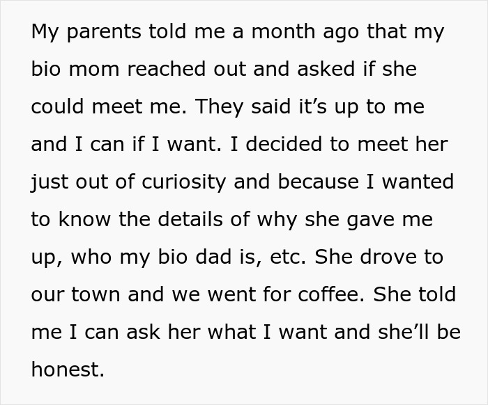 Text about bio mom reaching out after 16 years, expecting relationship, and teen feeling hurt and not a backup plan.