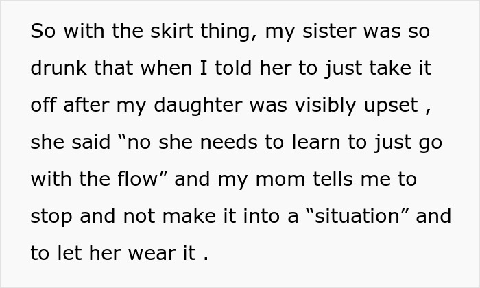 Text excerpt describing a woman stealing a skirt from her niece and lying when confronted about the incident.