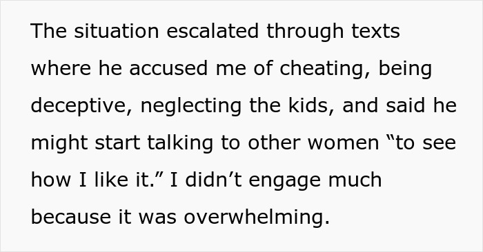 Text describing a toxic guy accusing his wife of cheating and disrespecting her autonomy through escalating texts. Text describing a toxic guy accusing his wife of cheating and disrespecting her autonomy through escalating texts.