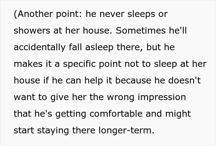 Text excerpt explaining a man avoiding sleeping at his pregnant ex&rsquo;s house to prevent giving the wrong impression.