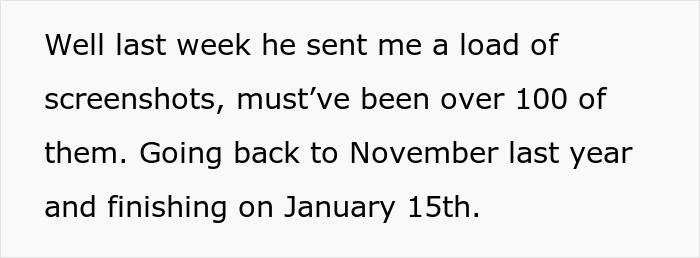 Screenshot of a text message mentioning sending over 100 screenshots related to a friend catfishing a married woman.