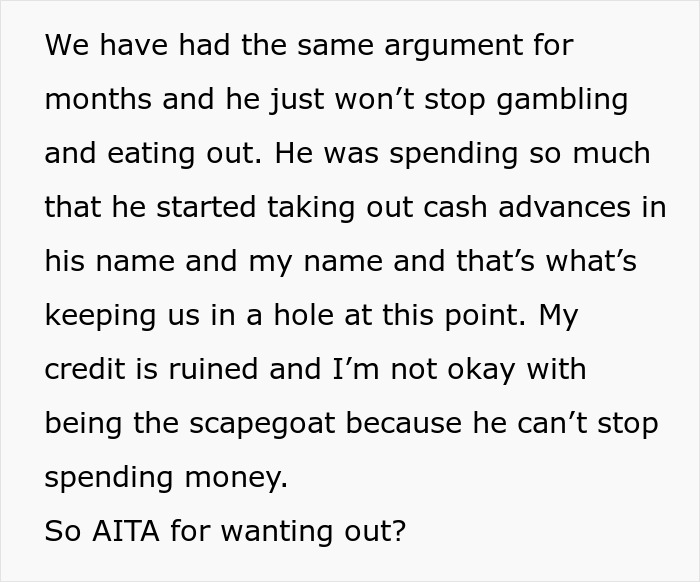 Wife blames financial problems on husband&rsquo;s gambling, faces pressure to get a job, leading to divorce decision.