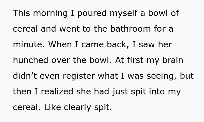 Text describing a guy horrified after witnessing his girlfriend spitting into his food, feeling compelled to do it.