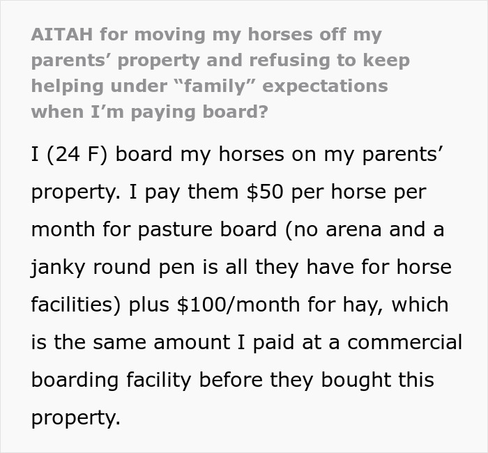 A young woman explains paying her parents for horse boarding while rejecting unpaid family labor expectations. A young woman explains paying her parents for horse boarding while rejecting unpaid family labor expectations.