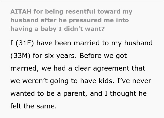 Screenshot of a forum post: mom resents husband and regrets becoming a parent after being pressured into having a baby.