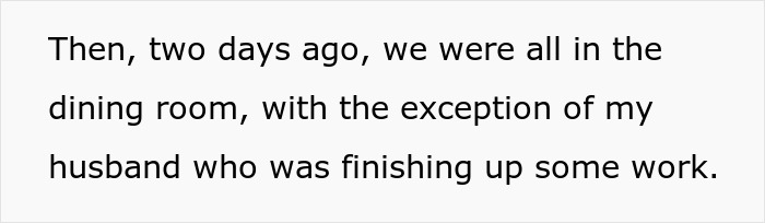 Text excerpt discussing a family gathering and mentioning husband finishing up some work nearby.