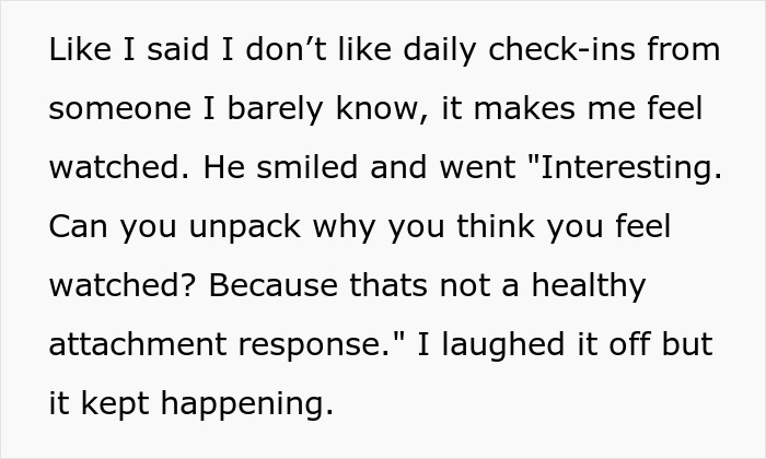 Text excerpt showing a woman describing discomfort with daily check-ins turned into therapy battles about attachment responses.