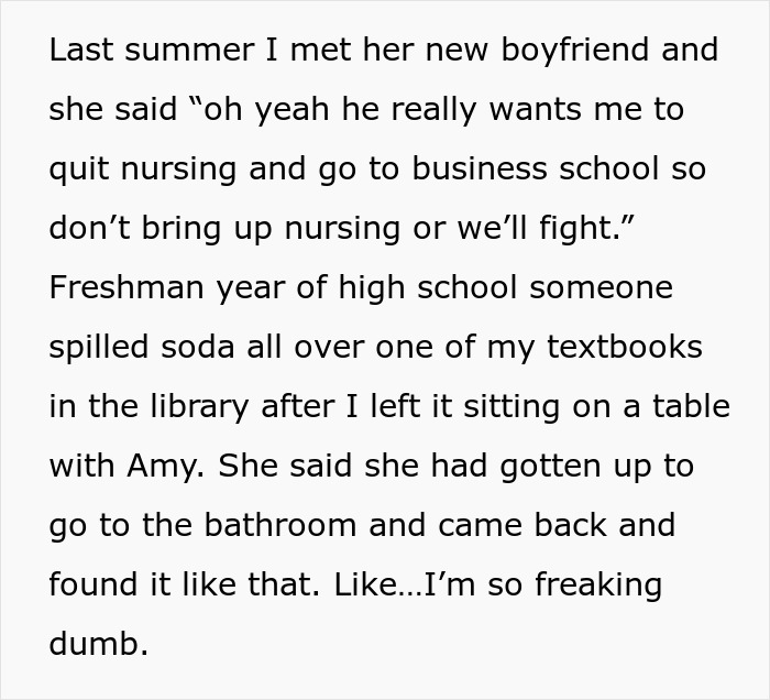Text excerpt from a woman who decides to lie about her career, sharing fabricated stories spanning ten years.
