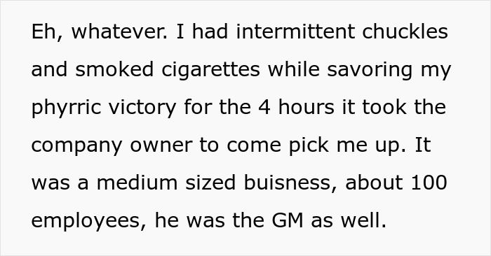 Text excerpt describing a guy using theatrics to get revenge on a workplace bully, causing fear and humiliation.