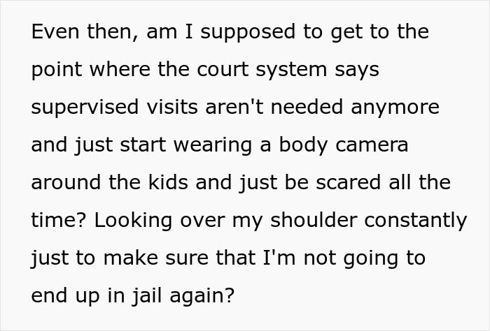 Text showing a dad questioning court systems and supervised visits, reflecting how his life fell apart after accusations.