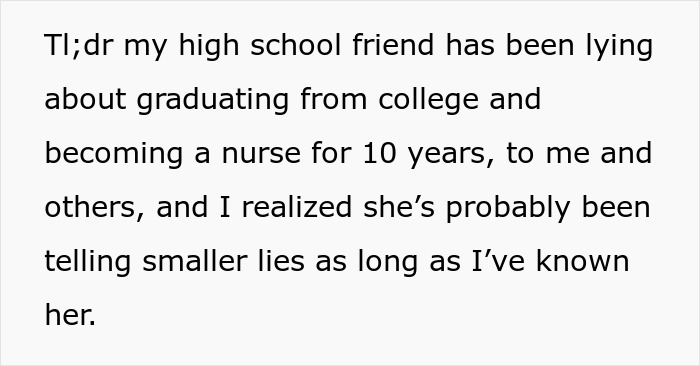 Alt text: Text post about a woman lying about her career as a nurse for 10 years, sharing wild fabricated stories.